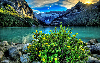 Landscape with mountain and lake, mountain, sunset, lake, serenity, tranquility, hills, beautiful, spring, stones, summer, wildflowers, emerald HD wallpaper
