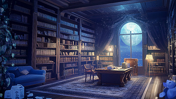 Moonlit Anime Library: Enchanting, anime room, library, moonlight HD wallpaper