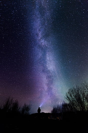 A breathtaking view of the Milky Way above a silhouetted figure exploring the night sky. HD phone wallpaper