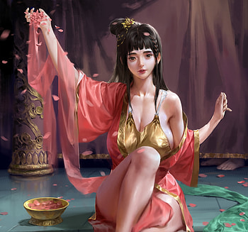 Princess, pink, asian, fantasy, petals, girl, luminos, haixiang mu x HD wallpaper