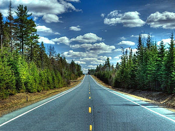 Down The Road Again, straight, trees, road, sky HD wallpaper