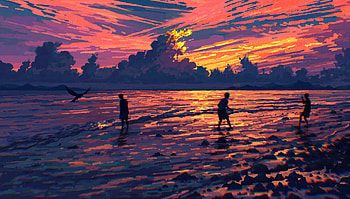 Waves Of Fun Friends On The Shore, friends, sunset, relaxing, artist, artwork, digital-art, pixiv HD wallpaper