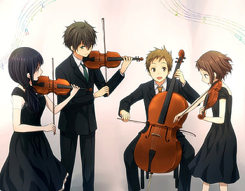 Hyouka orchestra, cute, anime boys, orchestra, long hair, dress, music, anime, anime igrls, couple, cool, short hair, hyouka, male, instruments, female HD wallpaper