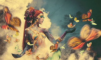 Golden, butterflies, fantasy, redhead, gold HD wallpaper