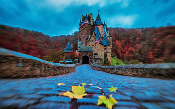 Eltz Castle, Germany, sky, hills, forest, twilight, bridge, clouds HD wallpaper