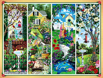 Garden Treasures, birds, cats, floral, feline, avian, beauty, painting, flower, art, garden, romance, beautiful, illustration, artwork, wide screen, love, nature HD wallpaper
