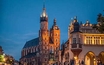 Krakow, Poland, lights, Krakow, dusk, Poland, market, church HD wallpaper