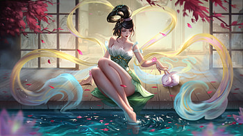 Chang'e, chang e, water, vara, change, frumusete, feng di, art, gorgeous, goddess, superb, bunny, summer HD wallpaper
