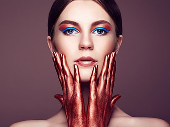 Beauty, blue, model, girl, hand, woman, jewel, make-up, red, face, oleg gekman HD wallpaper