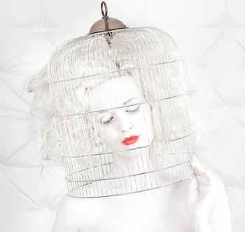 birdcage love, birdcage, lady, white, red HD wallpaper