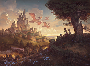 Sunset, tree, children, art, fantasy, dragon, justin gerard HD wallpaper