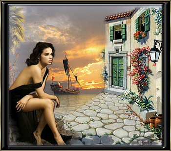 Waiting, villa, water, woman, sunset HD wallpaper