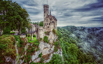 Lichtenstein Castle, Gothic Revival castle, Lichtenstein, morning, fog, castles of Germany, Baden-Wurttemberg, Germany HD wallpaper