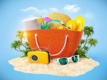 Tropical island, Summer, Camera, Bag, Hat, Towel HD wallpaper