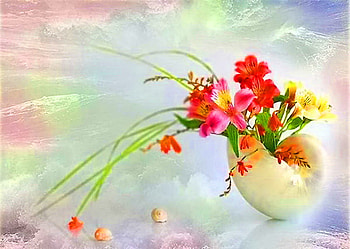 Dream of spring, color, vase, spring, green, yellow, red, clouds, flowers, rainbow sky HD wallpaper