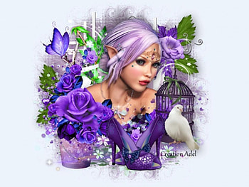 VIOLET ELF, FLOWERS, BIRD, BUTTERFLIES, ROSES, FEMALE, PURPLE, ELF, VIOLET HD wallpaper