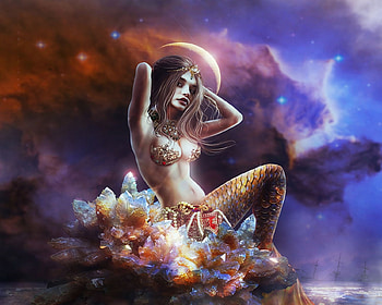 Mermaid, clouds, crystals, girl, moon HD wallpaper