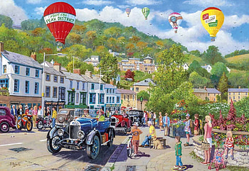Matlock Bath, hills, car, people, houses, artwork, balloons, painting, clouds, sky, village HD wallpaper