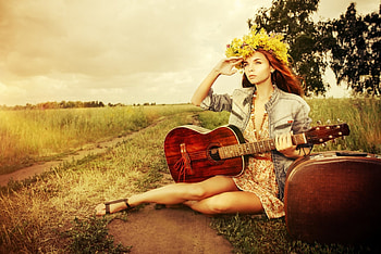 Melody of Life, guitar, beauty, country side, suit case, clouds, trees, women, sky, hat, wreath HD wallpaper