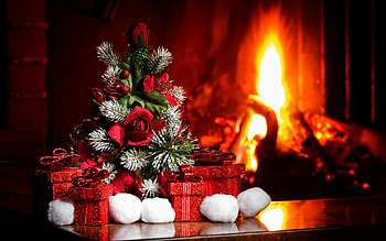 A Cozy Christmas, Fireplace, Snowballs, Flame, Tree, Gifts HD wallpaper