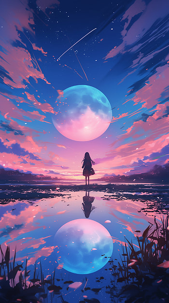 Moonrise Dreams: An Anime Landscape for Your , moon, Anime, anime landscape HD phone wallpaper