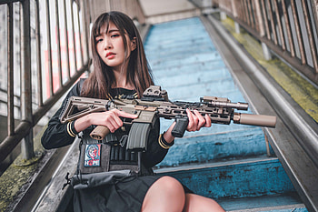 — Urban Markswoman with Tactical Rifle, asian, woman, gun HD wallpaper