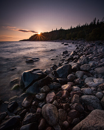 Nature, Trees, Sunset, Stones, Lake, Shore, Bank HD phone wallpaper