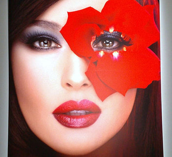 Woman's face, makeup, eyes, beautiful, woman, flower, lipstick, red, face, lips, , sensual HD wallpaper