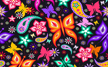 Texture, summer, colorful, pink, black, butterfly, flower, green, orange HD wallpaper