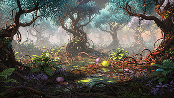Mystic Luminous Glade —, Enchanted Forest, Mushroom, Tree, Vine HD wallpaper