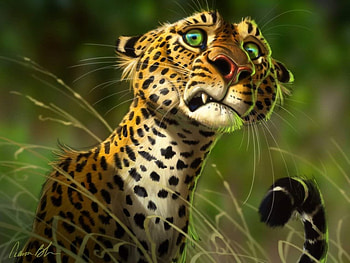 Leopard, silly beasts, cute, aaron blaise, fantasy, green, face, funny, luminos HD wallpaper