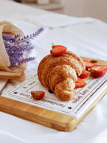 Flowers, Food, Strawberry, Berries, Breakfast, Croissant HD phone wallpaper