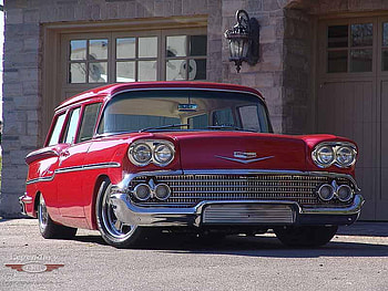 1958 Chevrolet Yeoman stationwagon, classic, wagon, car, red, chevy HD wallpaper