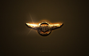 Rezvani golden logo, artwork, brown metal background, Rezvani emblem, Rezvani logo, brands, Rezvani HD wallpaper