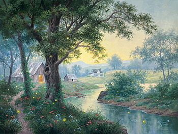 Firefly farm, night, abraham hunter, painting, art, pictura, firfly, farm HD wallpaper