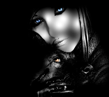 Blue eyes and friend, blue, dog, shadow, eyes, beautiful, hide, dark, woman, pretty, mistery, friend, friends HD wallpaper
