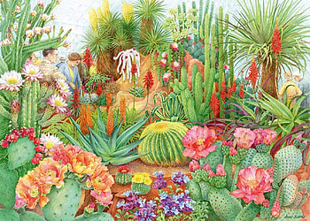 Cactuses, art, summer, plant, painting, flower, pictura, green, red, yellow, desert, vara, cactus HD wallpaper