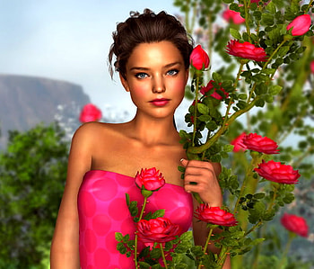 Rose vines, pink dress, roses, red, trees, vines, spring, mountains, woman HD wallpaper