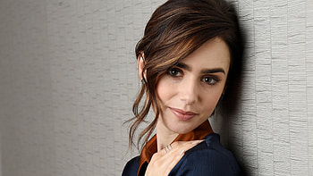 Girl Model Lily Collins Is Leaning Back On Wall Wearing Blue Brown Dress Girls HD wallpaper