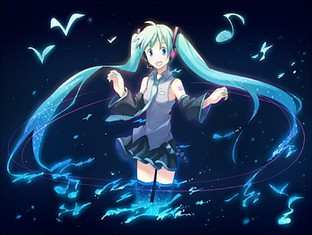 Hatsune Miku, blue, black, awesome, cute, vocaloid, song notes, beauty, nice, miku, music, vocaloids, hatsune, thighhighs, happy, water, skirt, notes, smile, twintail, girl, beautiful, diva, tie, wind, anime, pretty, cool, virtual HD wallpaper