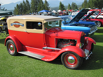 1928 Model A - Ford Truck , blue, headlights, graphy, beige, black, grass, green, red, trees, tires, truck, Ford HD wallpaper