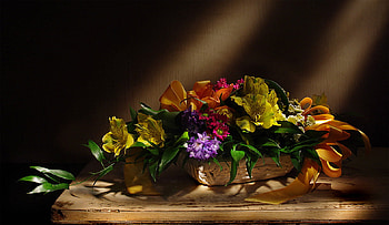 still life, bouquet, graphy, colors, beauty, nice, basket, flower, , elegance, table, ribbon, beautiful, cool, nature, flowers, harmony HD wallpaper
