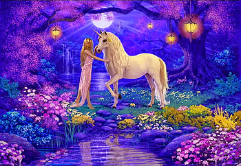 Magical friendship, night, blue, horse, girl, purple, pink, moon, fantasy, flower, unicorn, luna, luminos, water HD wallpaper