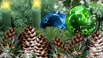 Green Christmas with Blue, lit, feliz navidad, flame, fir, pine, cones, candle, blue decoration, bright, christmas, greens, green ball HD wallpaper