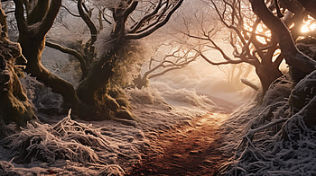 Enchanted Winter Forest Path, forest, path, snowy landscape, winter, sunlight HD wallpaper
