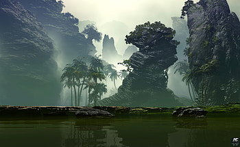 Art, Palms, Rocks, Lake, Fog HD wallpaper