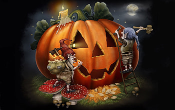 Gnomes Carving Out a Pumpkin, Moon, cute, digital art, halloween, elves, candle, autumn, knomes, Pumpkin HD wallpaper