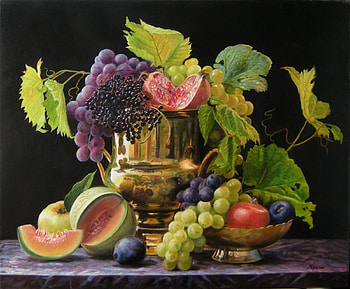 Fruits, still life, painting, art, pictura, fruit, vase, zbigniew kopania HD wallpaper
