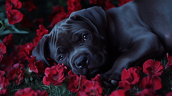 Majestic Black Cane Corso Puppy Among Red Blossoms, Cane Corso, black, puppy HD wallpaper