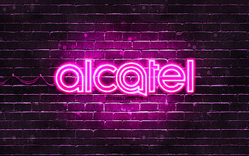 Alcatel purple logo, , purple brickwall, Alcatel logo, brands, Alcatel neon logo, Alcatel HD wallpaper